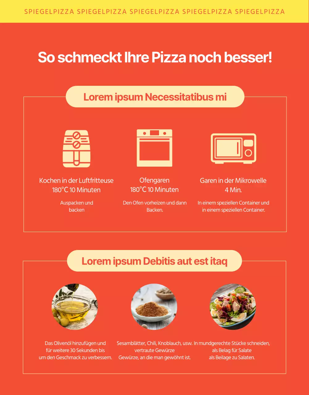 Orangefarbene und ellenbogenfarbene Pizzaförderung Details