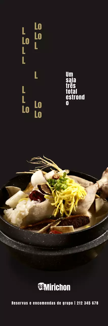 Promover um luxuoso menu samgyetang com um tipo de letra caligráfico sobre um fundo preto
