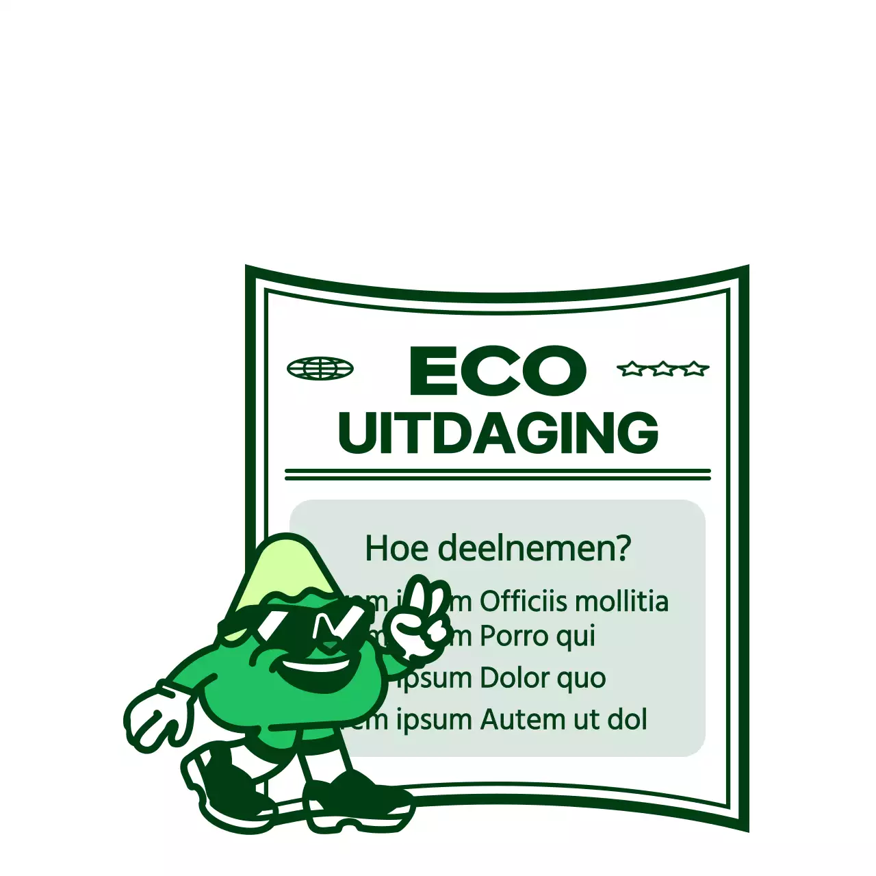 Schattige en hippe karakterillustratiestijl met een frisse groene kleur Eco Challenge evenementinformatie