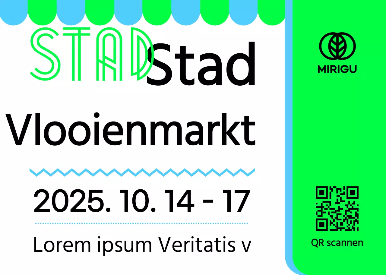 Een promotiebord met een groenzwarte vlooienmarktaankondiging en verschillende illustraties van vormen.