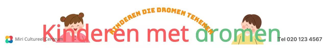 Ontwerp voor een cultureel centrum dat kunstlessen voor jonge kinderen promoot met kleurrijke illustraties van kinderen.