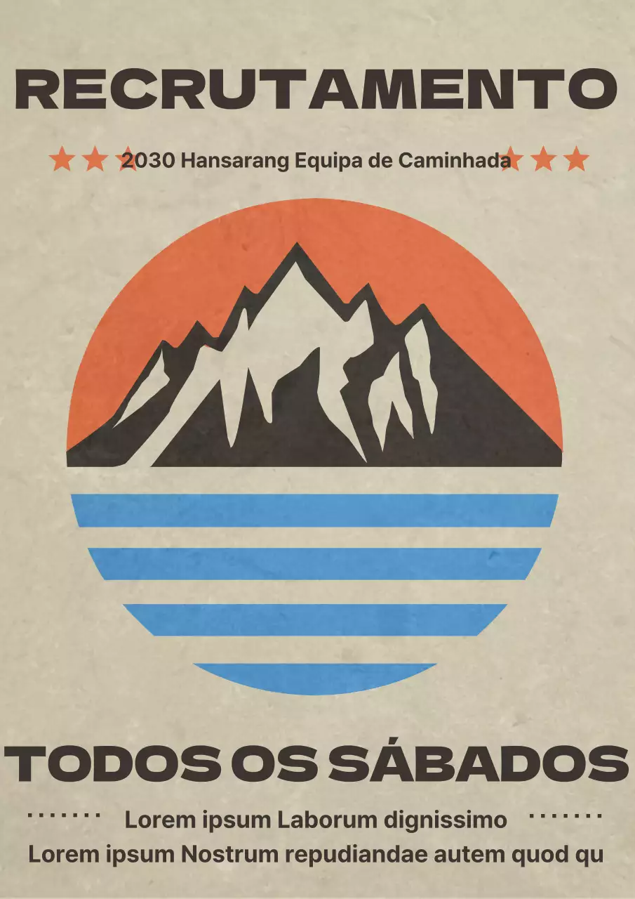 Anúncio de recrutamento da sociedade de alpinismo vintage em laranja e azul claro