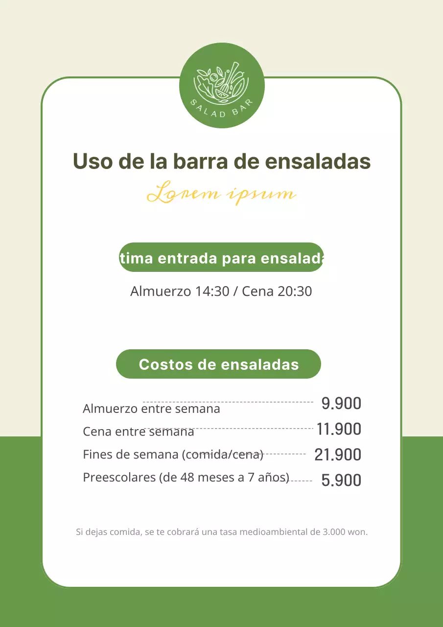 Cómo utilizar el bar de ensaladas de Greentone Información en la tienda Carteles Carteles en el bar de ensaladas Anuncios sobre las normas de uso