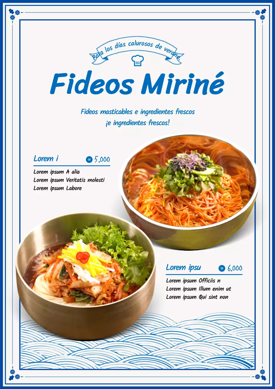 Promueve los fideos fríos en colores blanco y azul