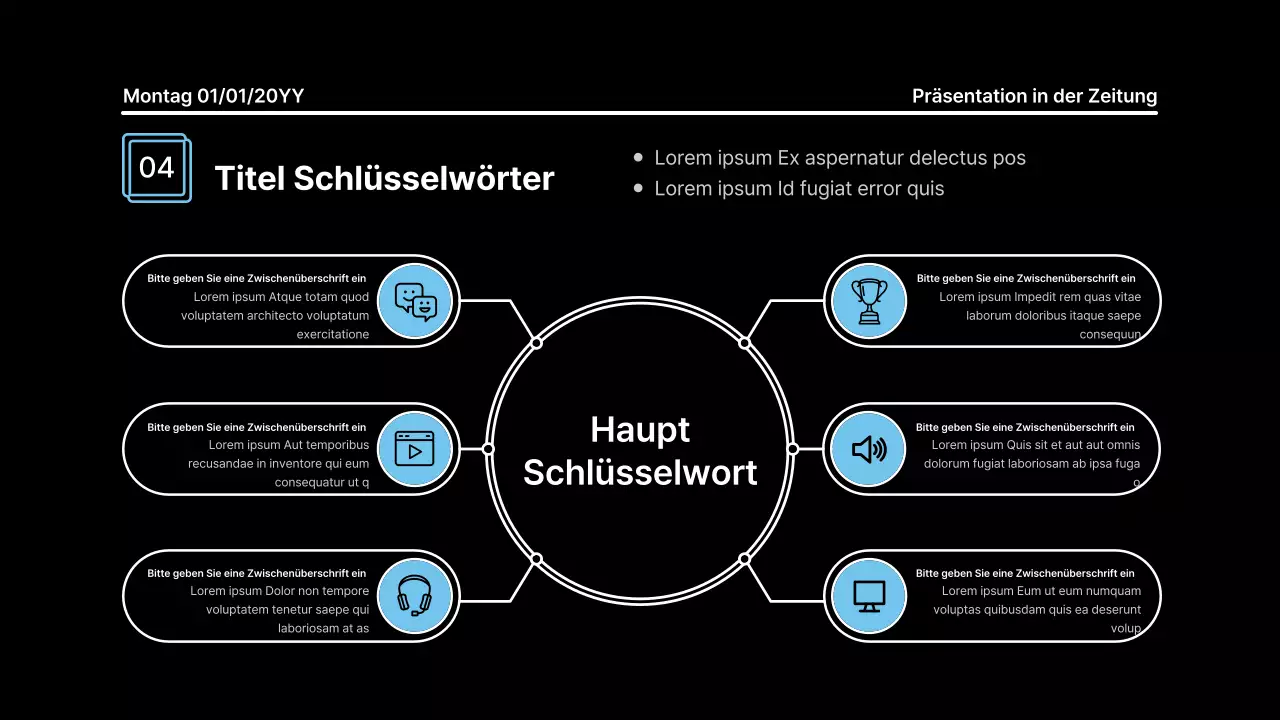 Aufmerksamkeitsstarke Präsentation mit fetten Linien in einem Zeitungskonzept auf schwarzem Hintergrund