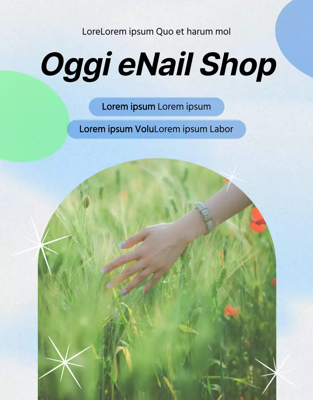 Tema promozionale per un salone per unghie con foto di unghie ordinate in chartreuse e blu