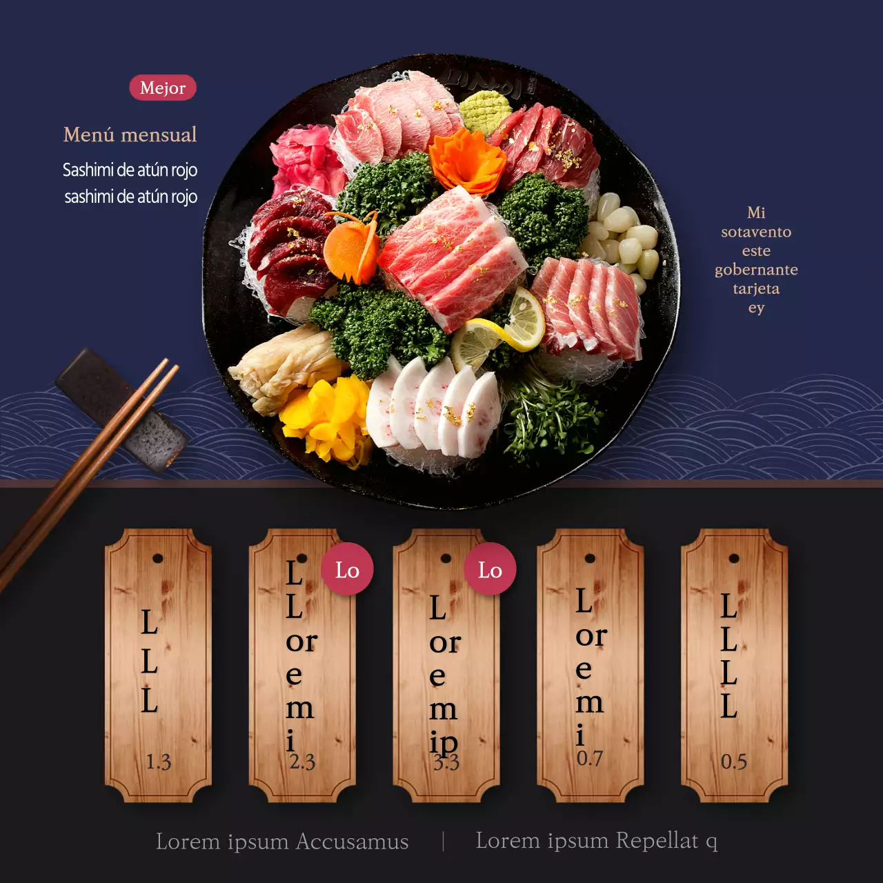 Fresca y deliciosa izakaya japonesa en azul marino y negro con un menú japonés de temporada