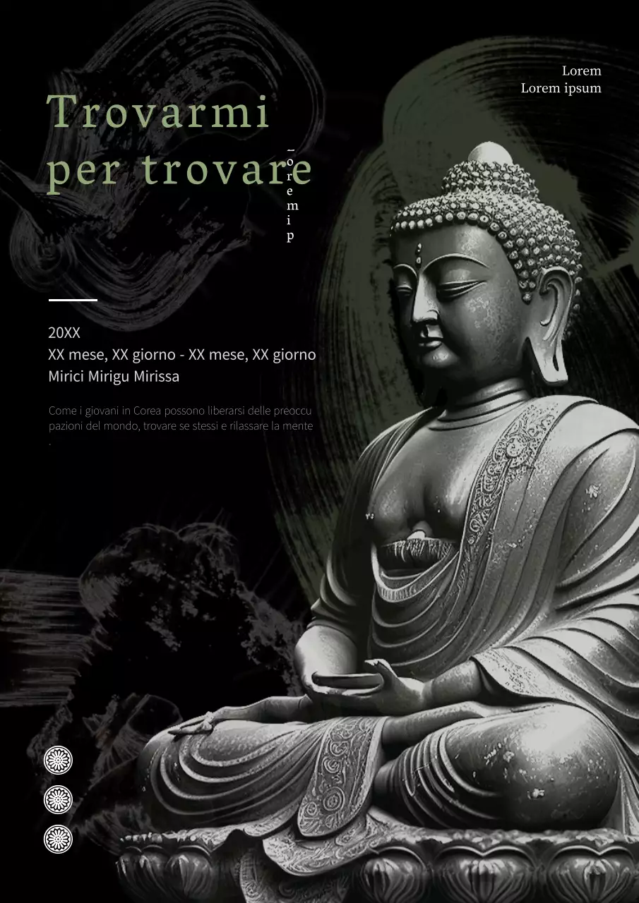 Arte promozionale astratta del soggiorno del tempio orientale con statue di Buddha in bianco e nero e verde
