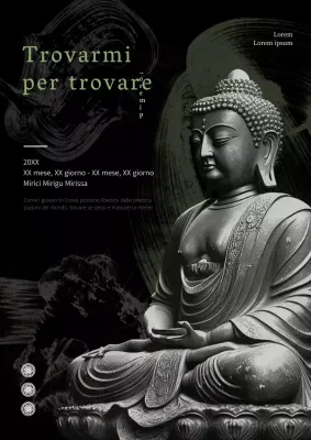 Arte promozionale astratta del soggiorno del tempio orientale con statue di Buddha in bianco e nero e verde
