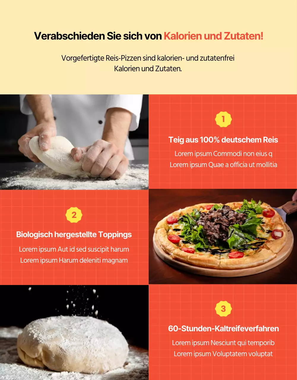 Orangefarbene und ellenbogenfarbene Pizzaförderung Details