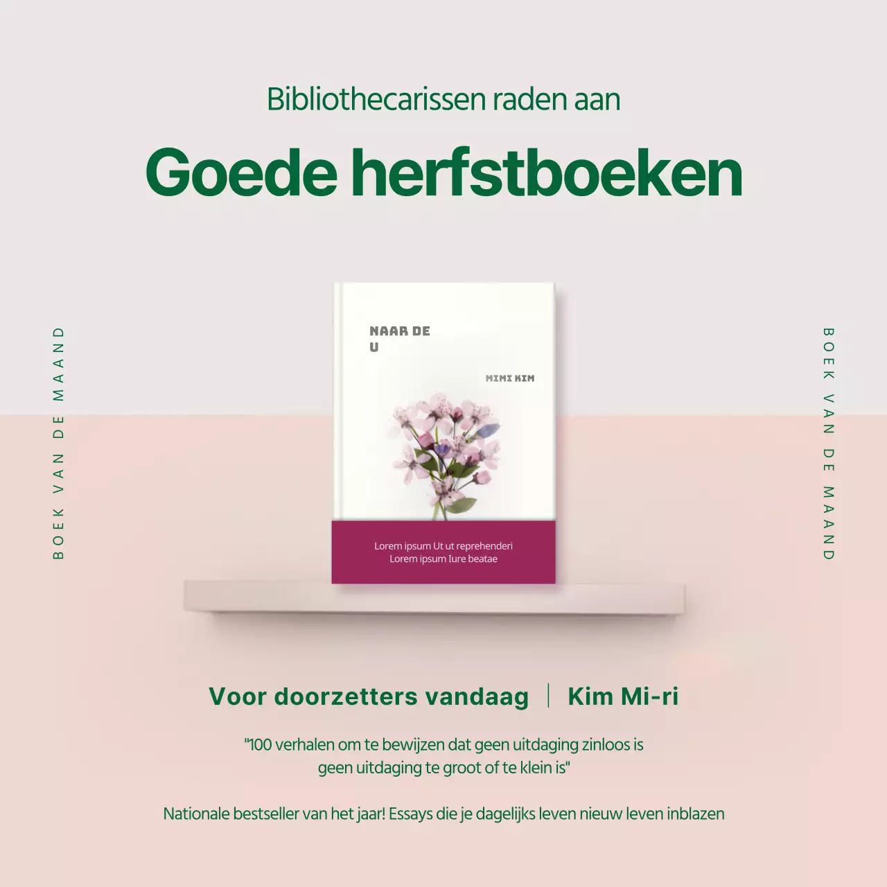 Promoot een boek van de maand met groene en roze schappenboeken