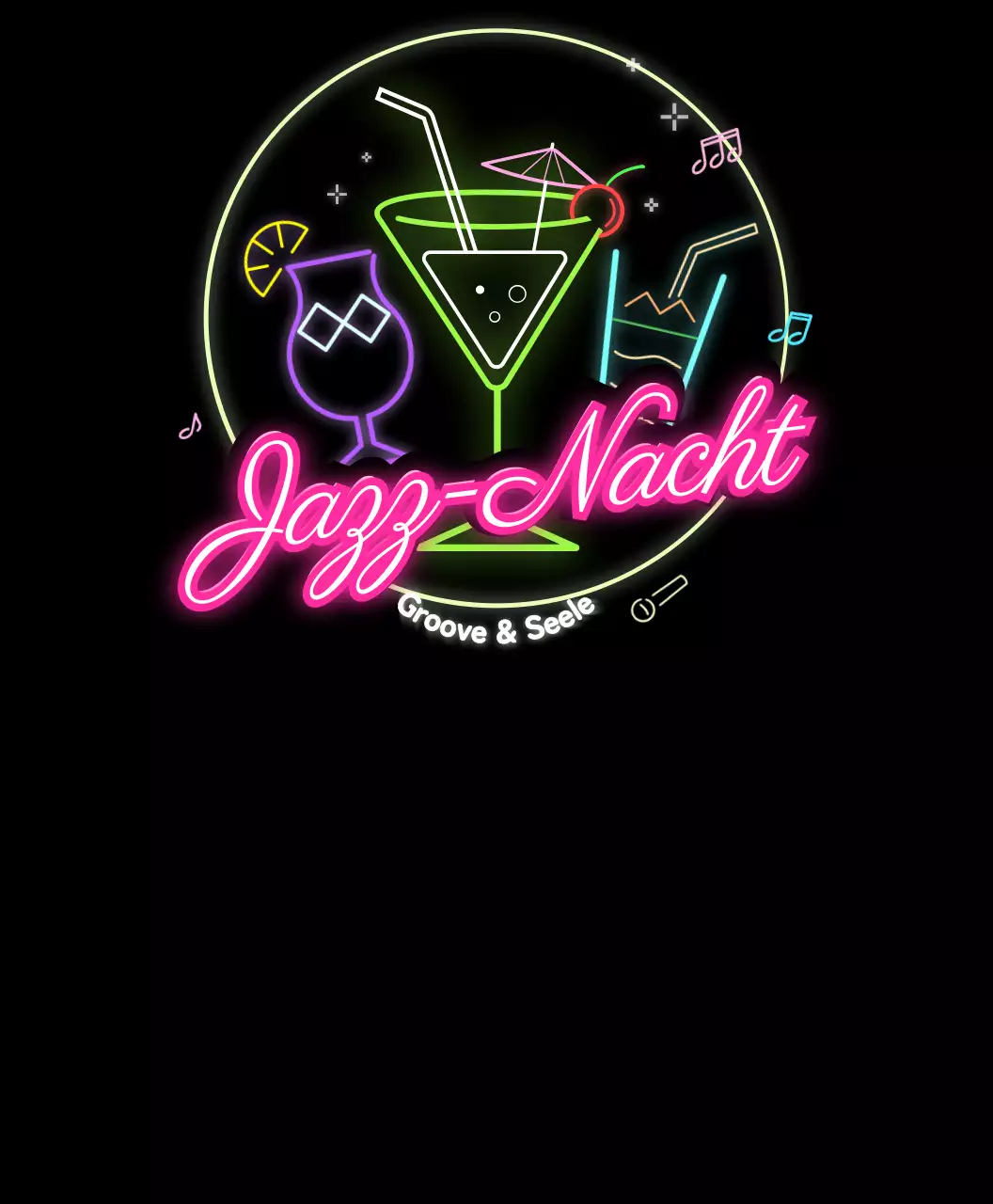 Jazzfestival-T-Shirt mit rosafarbenen und mehrfarbigen Leuchtreklamen