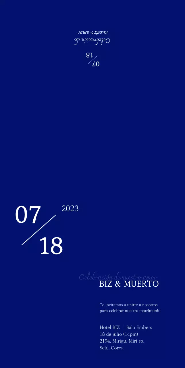 Una invitación de boda limpia con fondo azul