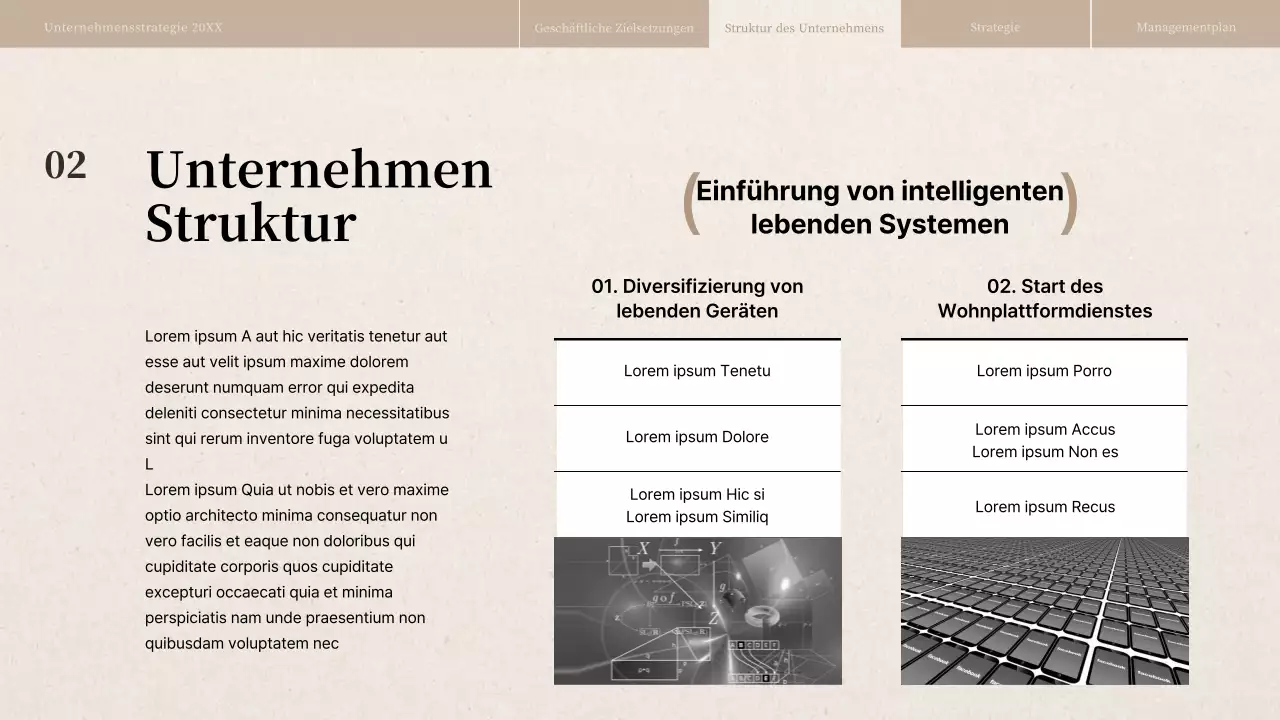 Geschäftsstrategiebericht mit beiger Papierstruktur