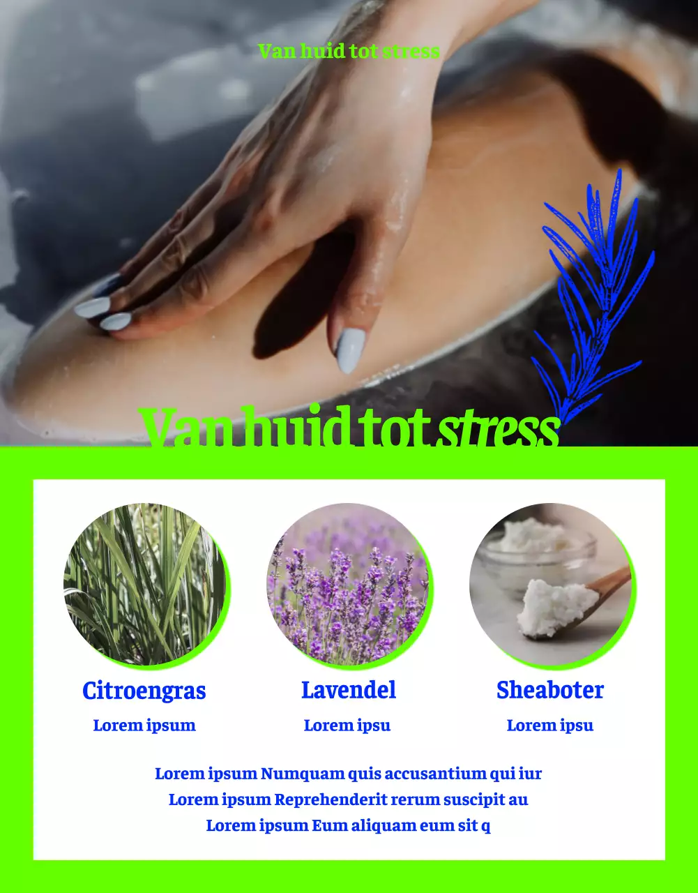 Voornatuurlijk bubbelbad met kruidenlijntekening in neongroen en blauw