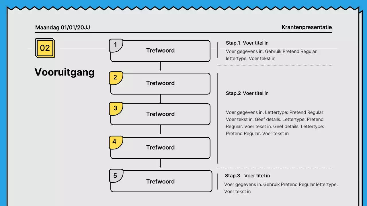 Gedurfde lijnen en aandachttrekkende presentatie in een krantenconcept met gele en lichtblauwe accentkleuren