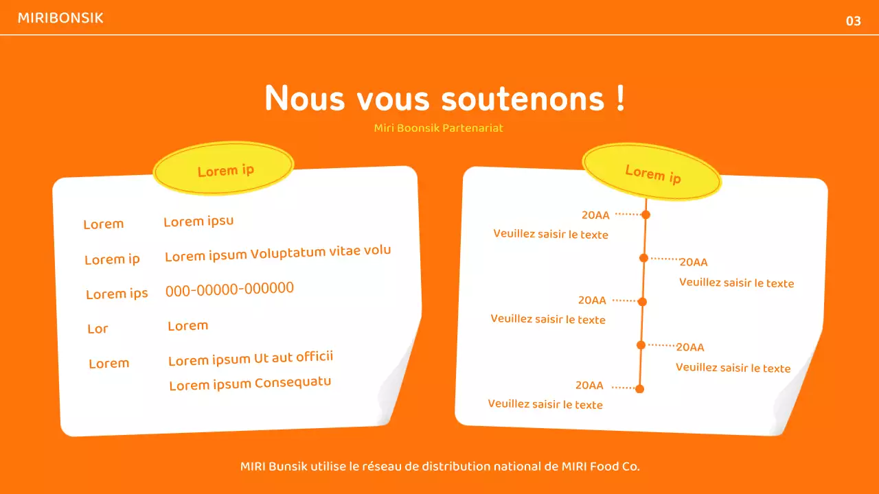 Profil d'une entreprise de restauration avec des accents de couleur orange et jaune et mise en page de photos