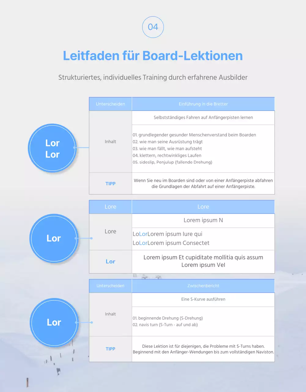 Eine einfache weiß-blaue Skilehrer-Detailseite