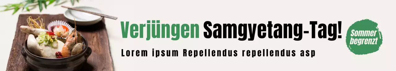 Bewerben Sie ein einfaches Samgyetang-Menü mit einer kalligrafischen Schrift mit grünen Akzenten auf weißem Hintergrund