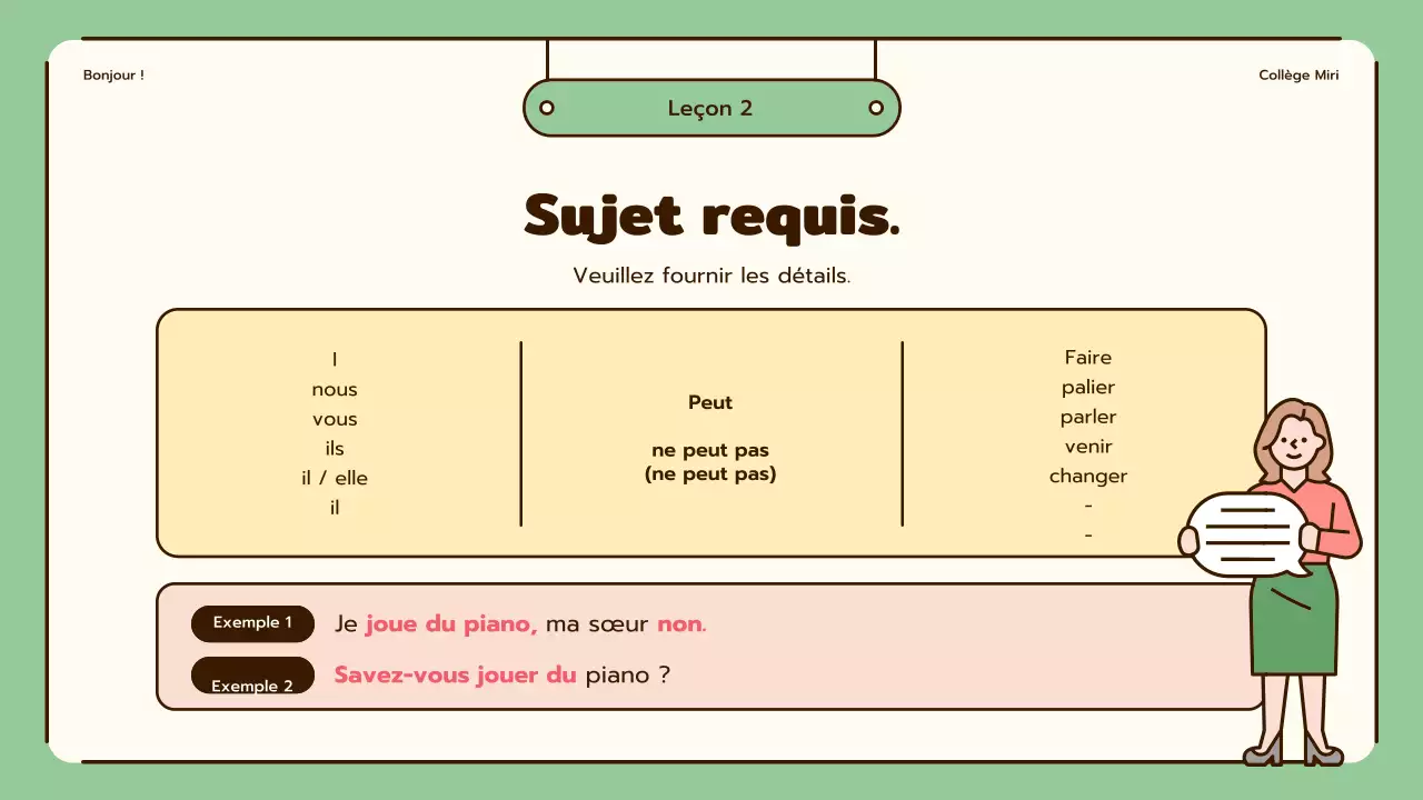 Cours d'anglais mettant en valeur des illustrations mignonnes dans les tons beige et vert