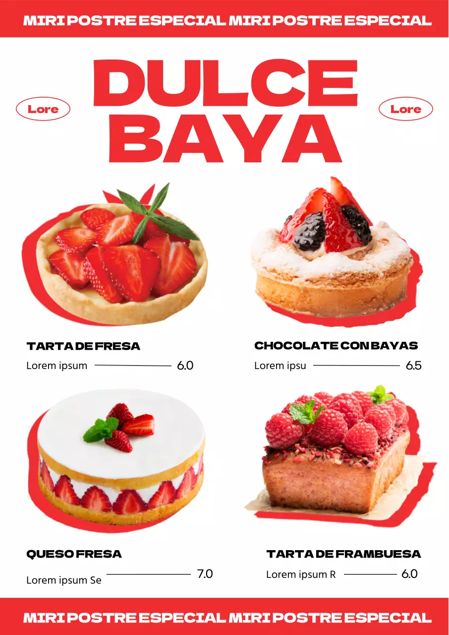 Moderna carta de postres de cafetería con un refrescante acento de color rojo y fotos de postres de fresa