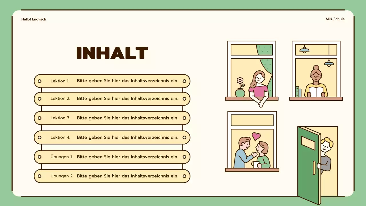 Englischunterricht mit niedlichen Illustrationen in Beige und Grün