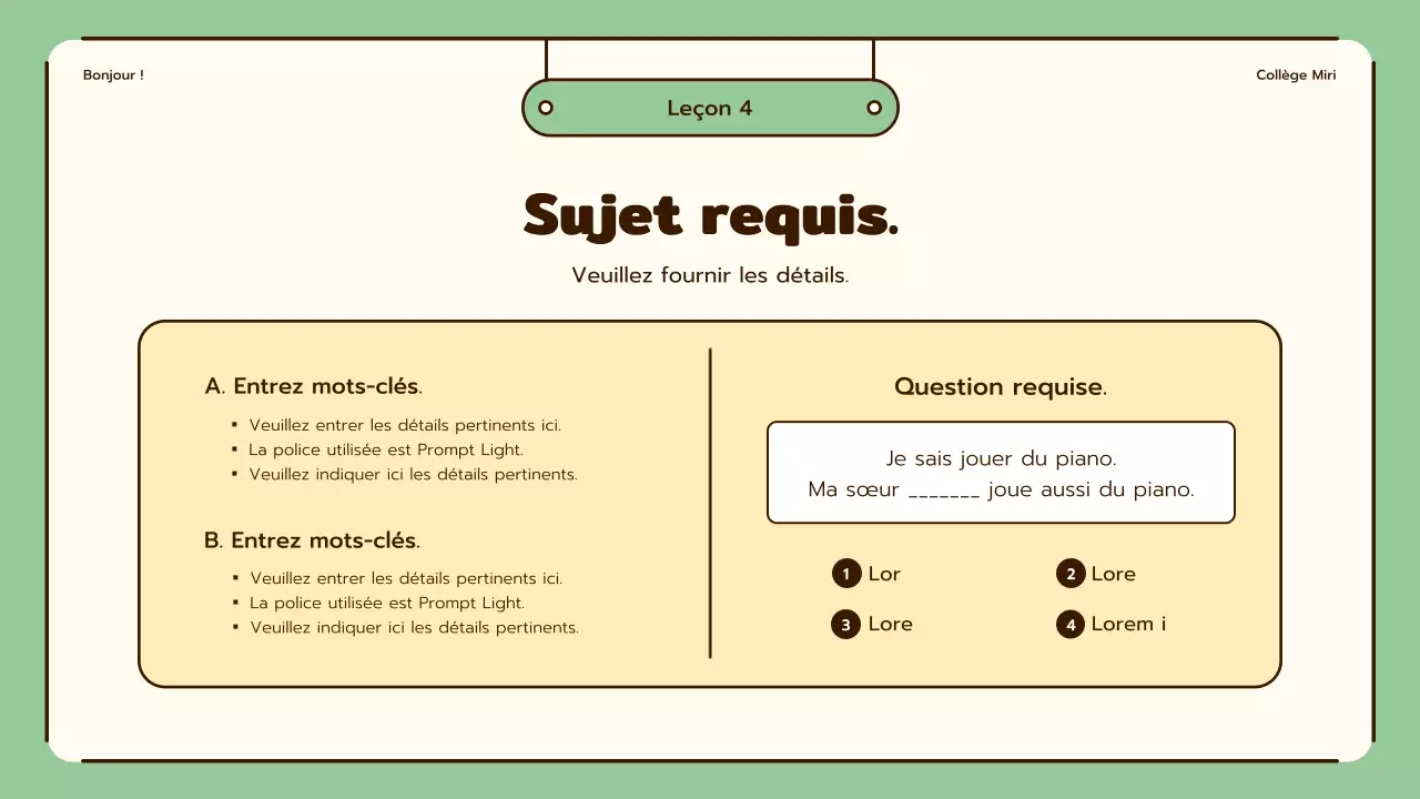 Cours d'anglais mettant en valeur des illustrations mignonnes dans les tons beige et vert