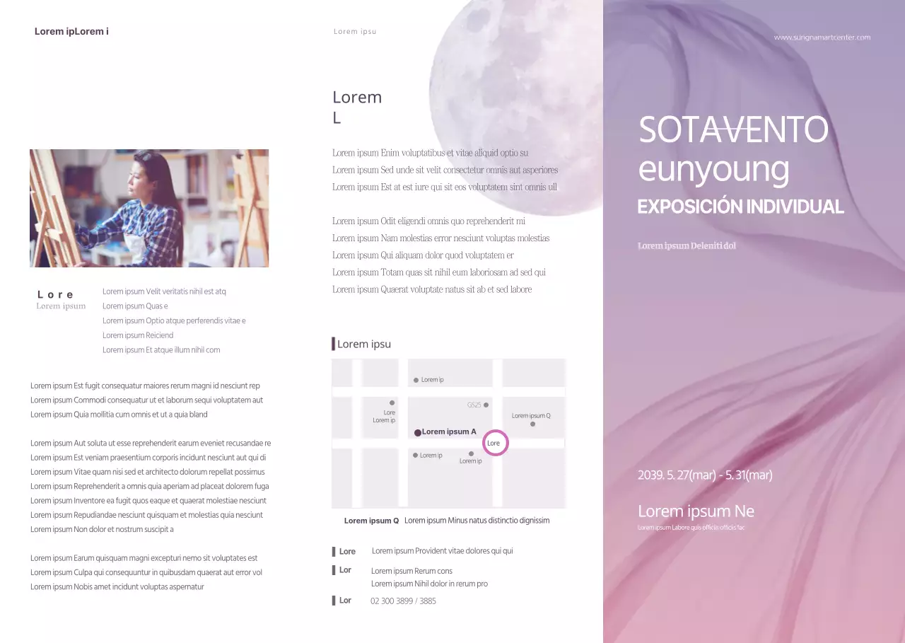 Guía de la exposición individual en el museo de arte conceptual moderno morado y blanco