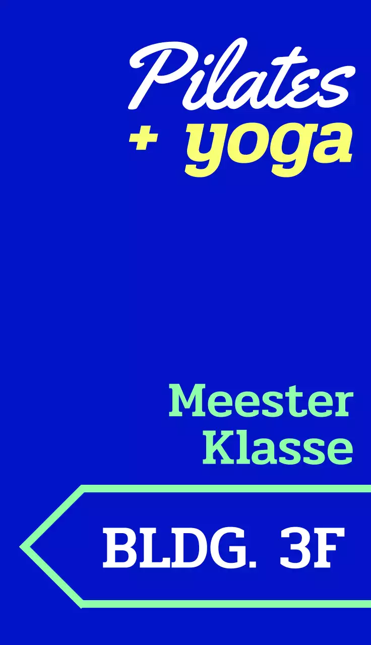 Een hip promotiebord met kleurrijke yoga pilates-gerelateerde tekst en pijlvormen.