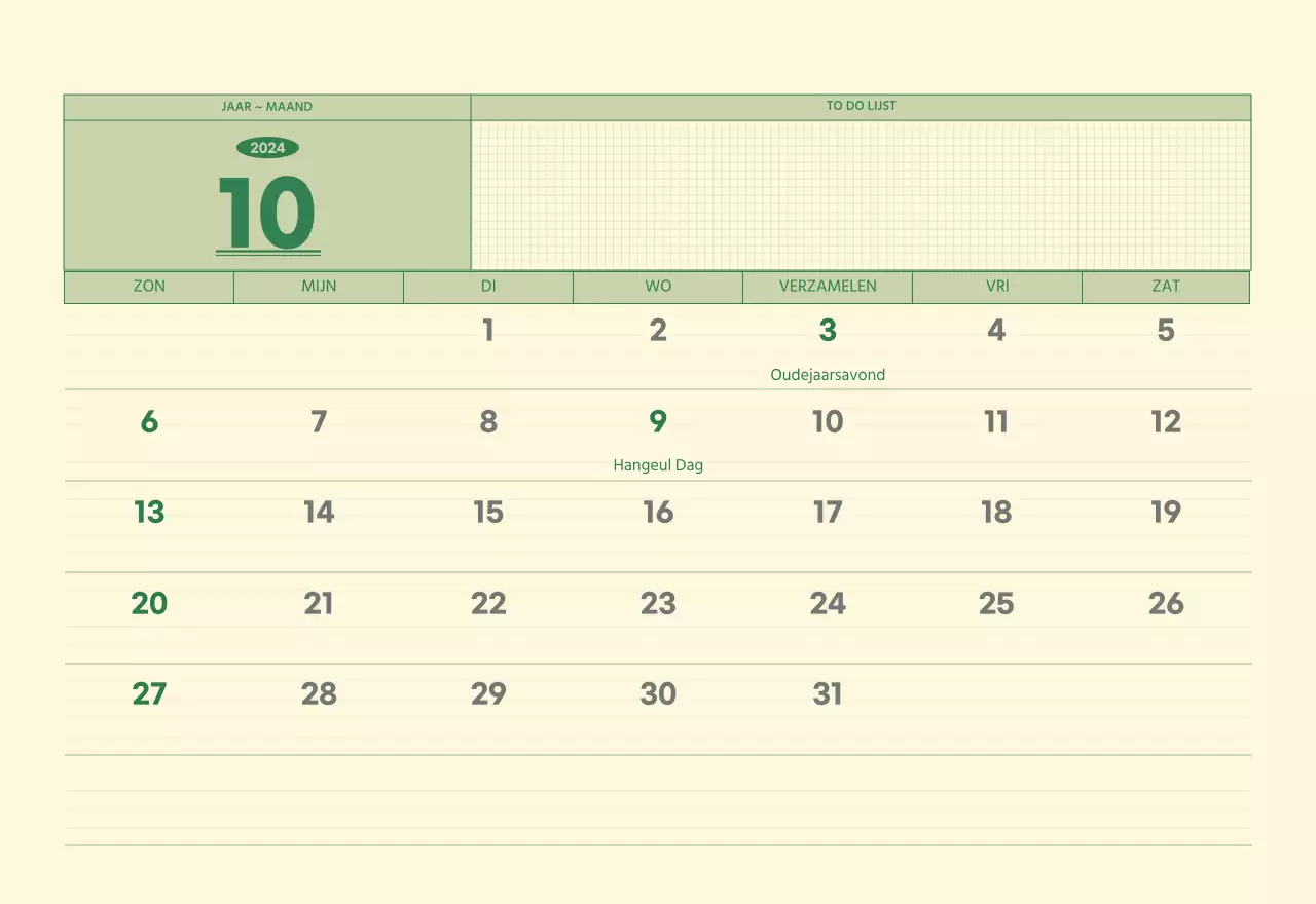 SAT D-day notitieblok concept wandkalender in groen en lichtgeel