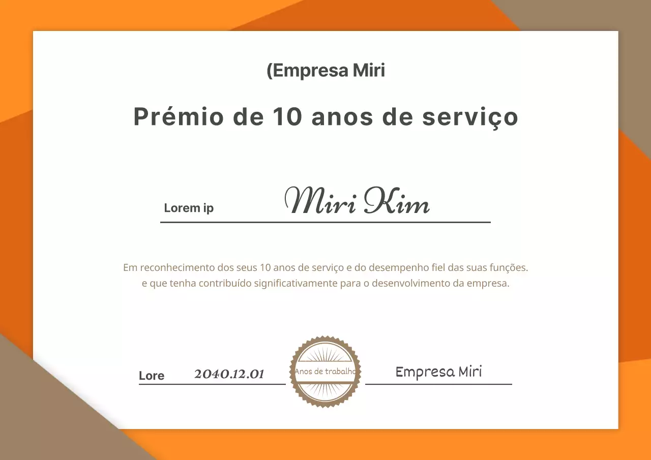 Prémio de 10 anos de serviço com um conceito simples em dourado e laranja