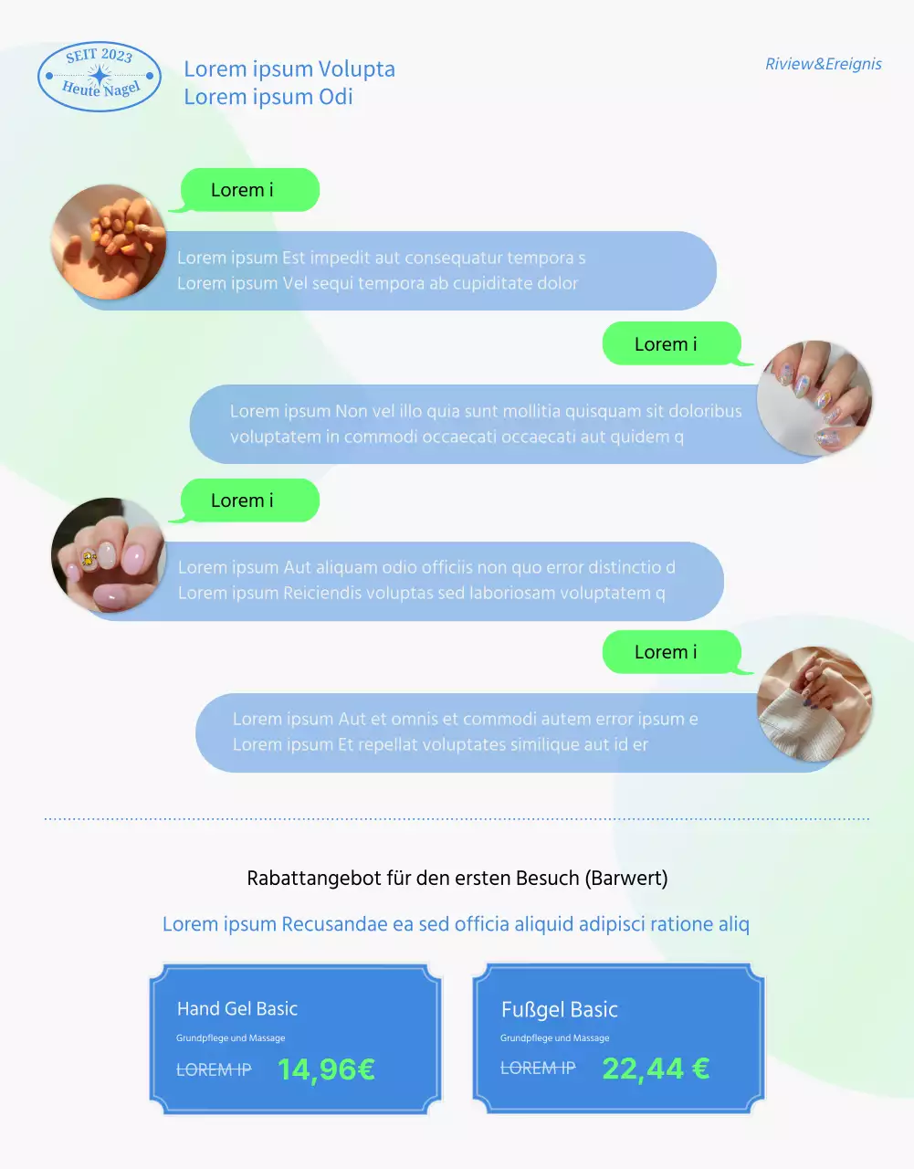 Werbemotiv für ein Nagelstudio mit hübschen Fotonägeln in Chartreuse und Blau