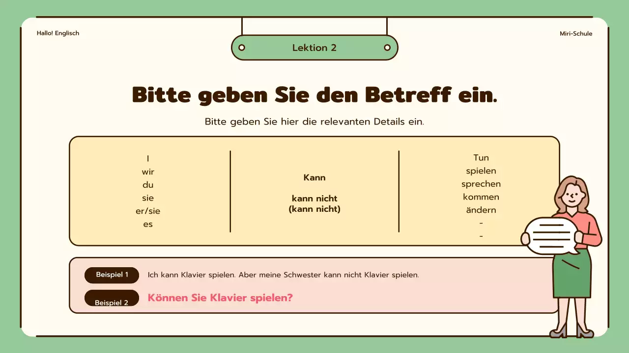 Englischunterricht mit niedlichen Illustrationen in Beige und Grün