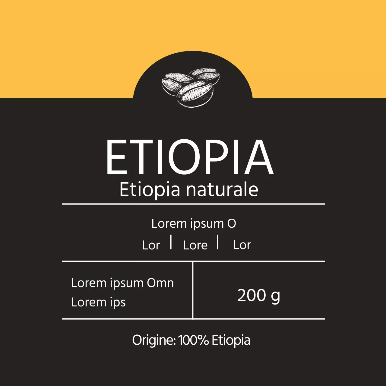 Etichetta illustrata gialla del caffè in grani