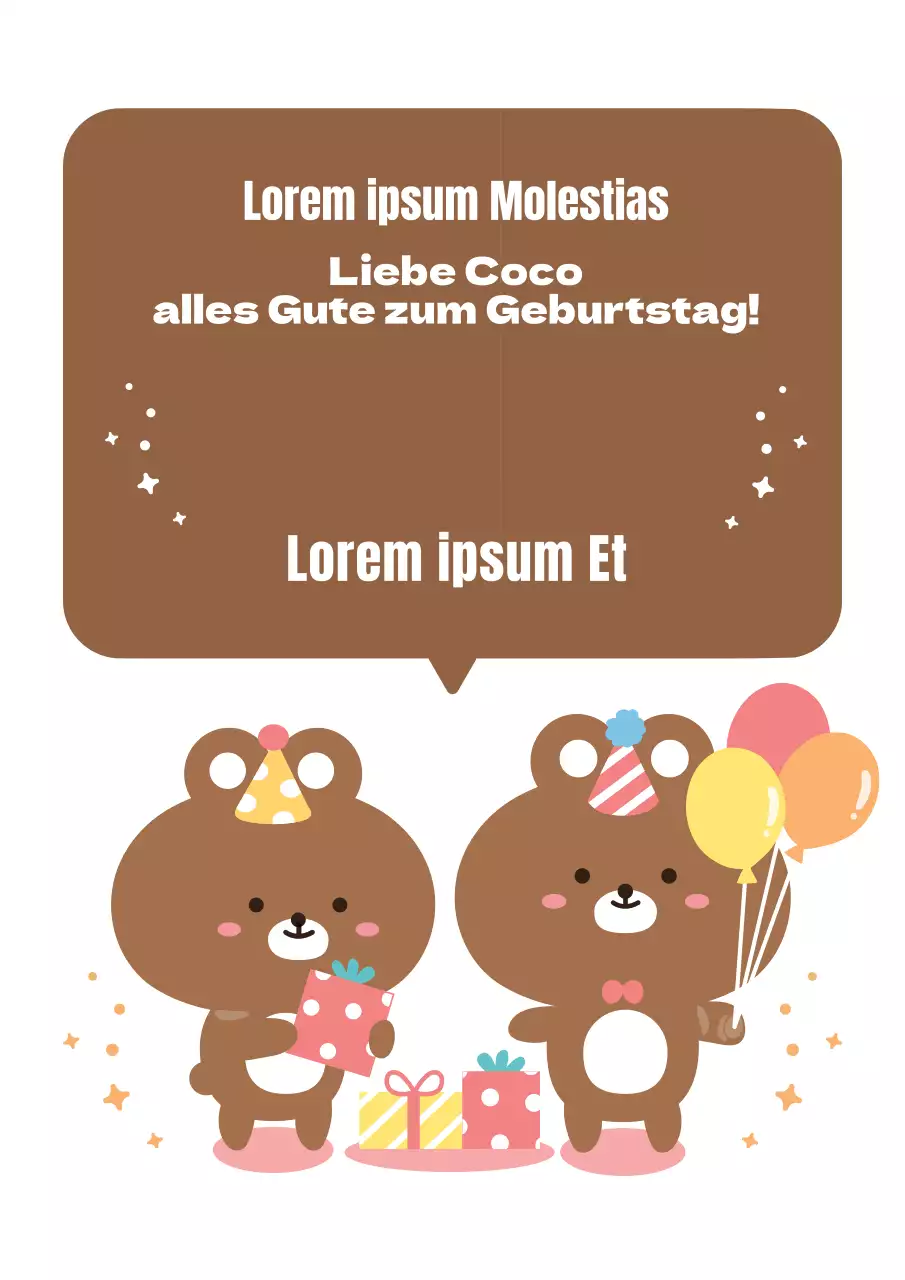 Niedliche Geburtstagsfeier mit einer Teddybärenfigur, die eine braune Geburtstagsparty feiert