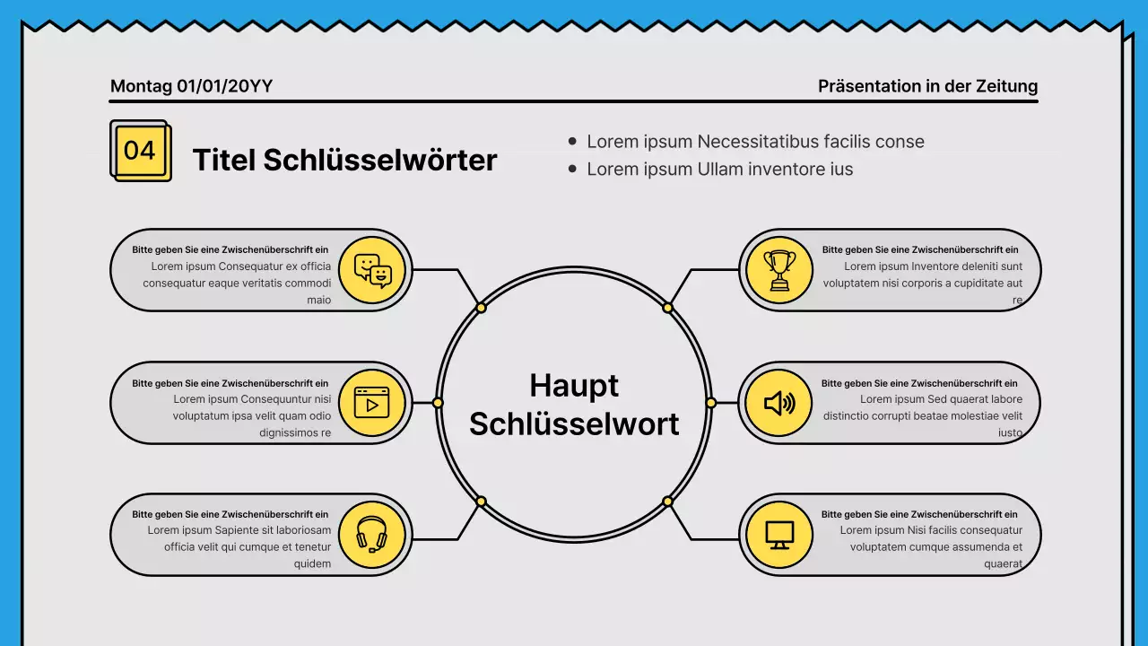Kräftige Linien und eine aufmerksamkeitsstarke Präsentation in einem Zeitungskonzept mit gelben und hellblauen Akzentfarben
