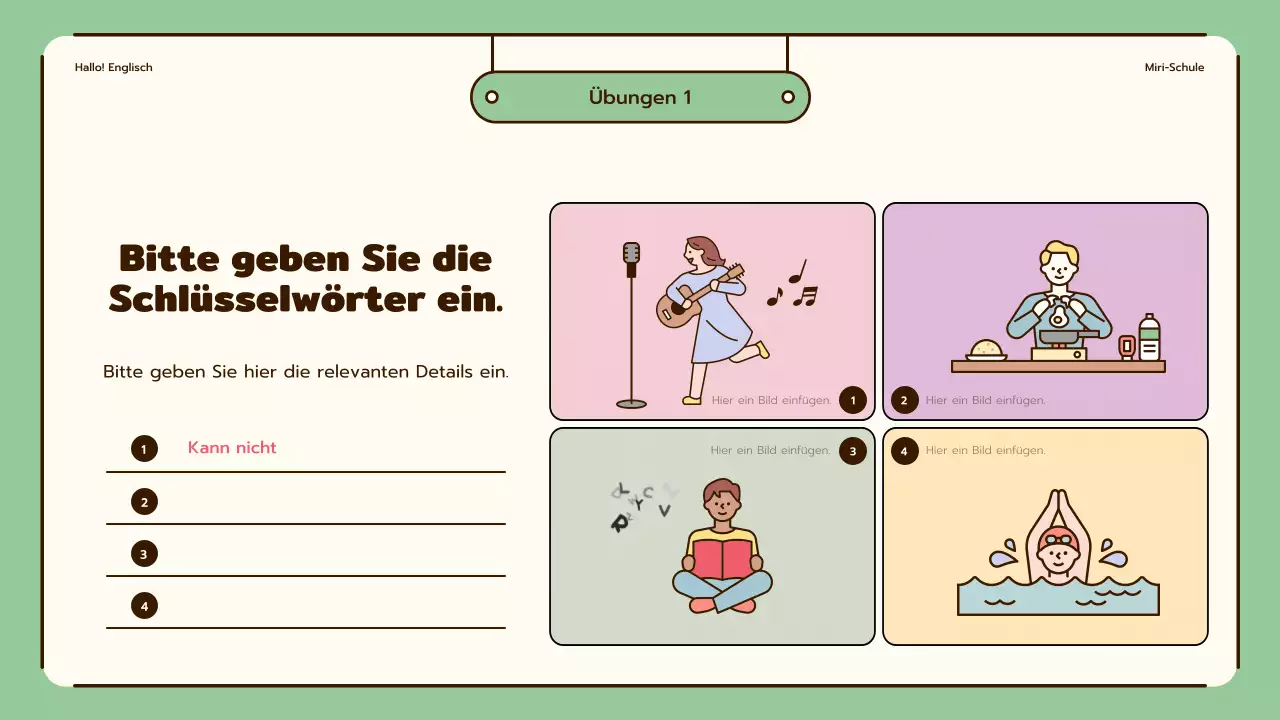Englischunterricht mit niedlichen Illustrationen in Beige und Grün