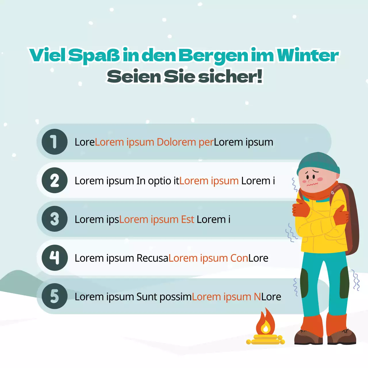Niedliche Illustrationen in Hellblau und Grün Sicherheitstipps für den Winter in den Bergen