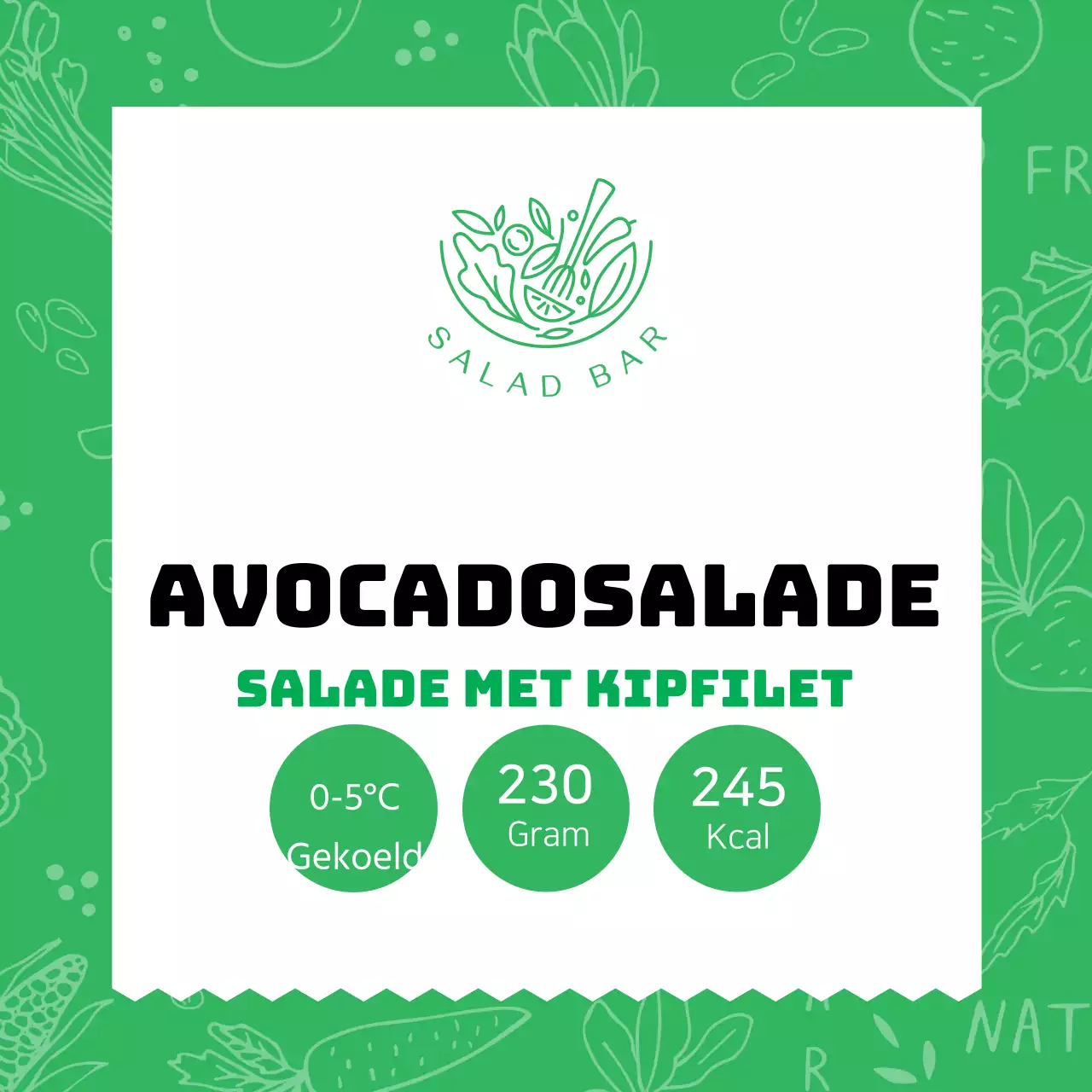 Avocadosalade-etiket met groen patroon