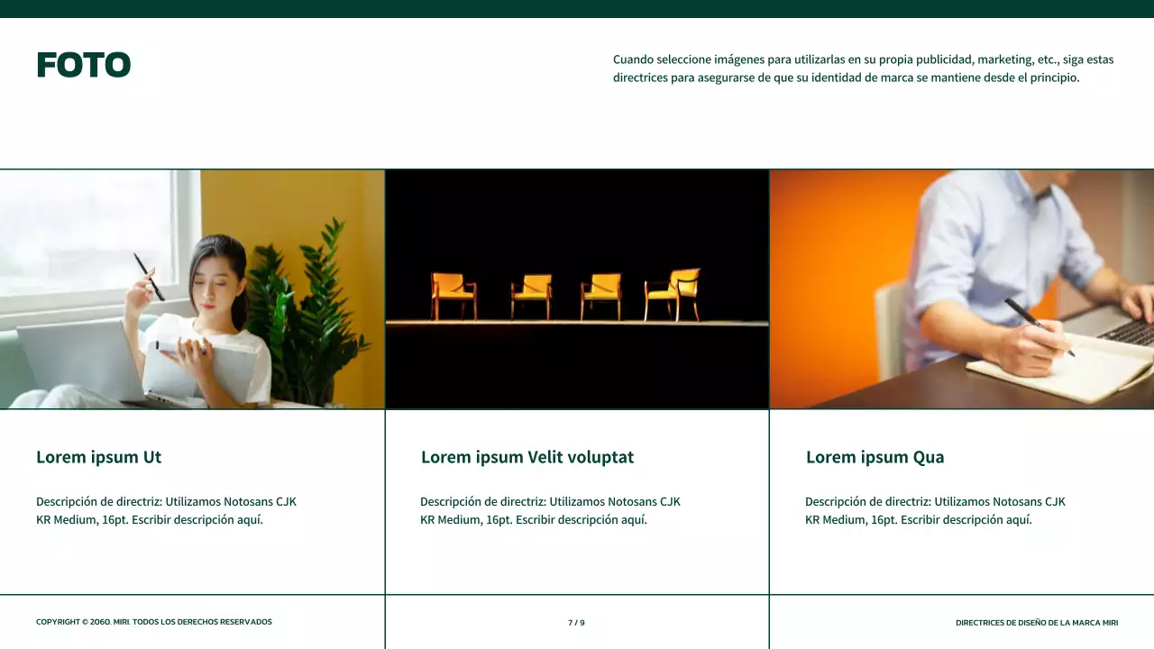 Directrices de marca sencillas en verde con toques naranjas