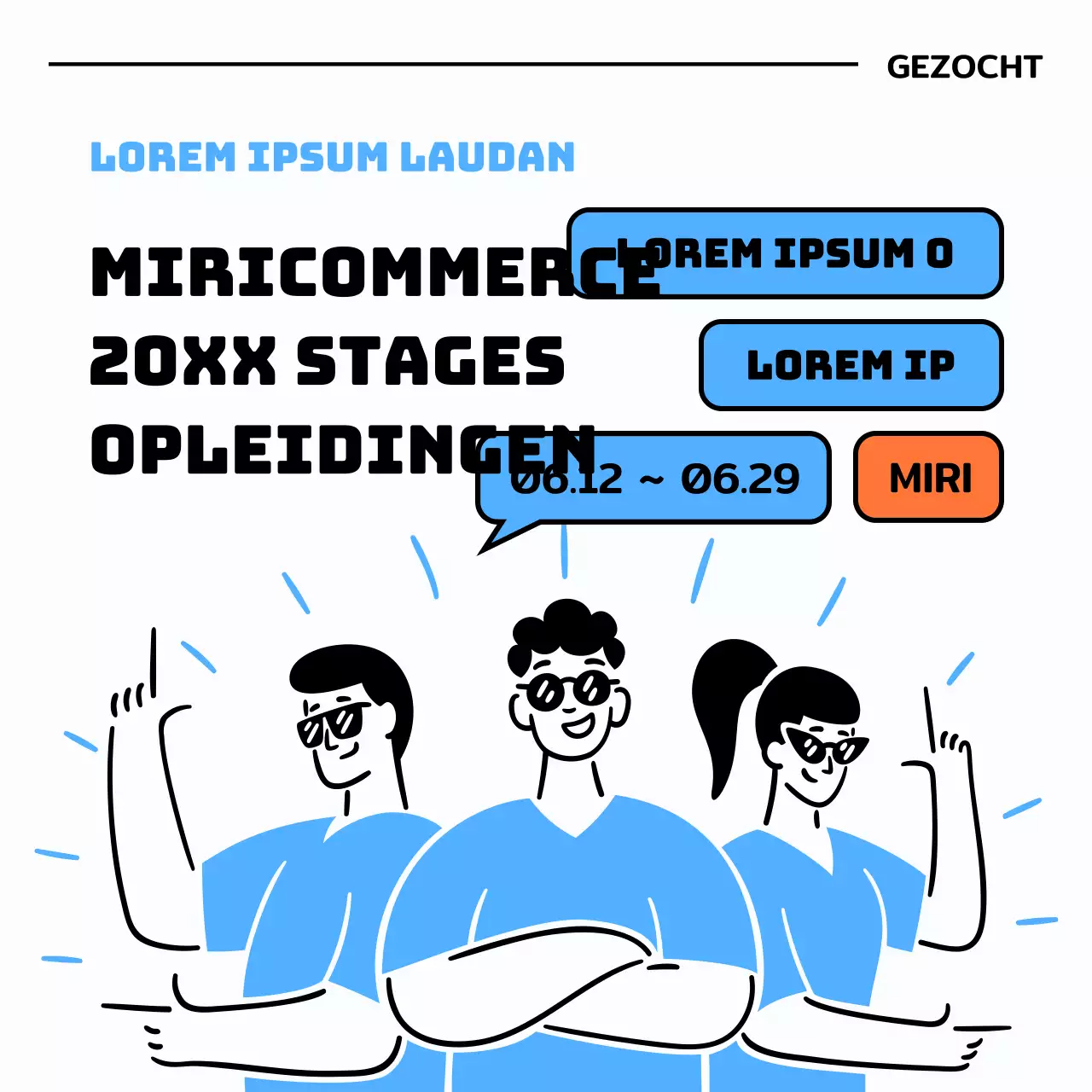 Werven voor stages met illustraties in lichtblauw en zwart