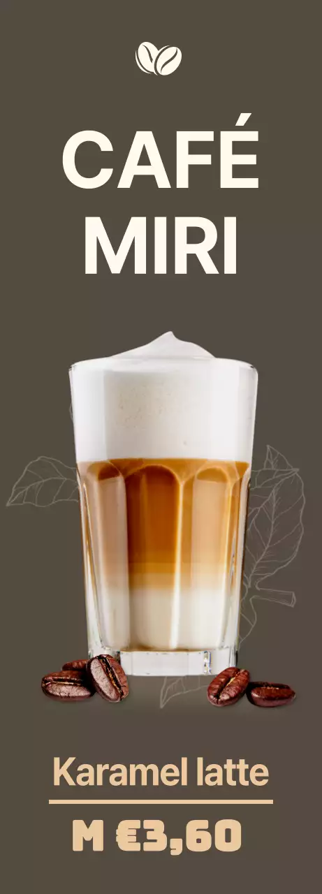 Monotone cafébanner met karamel latte en koud brouwsel in een sfeervol ontwerp op een donkere achtergrond