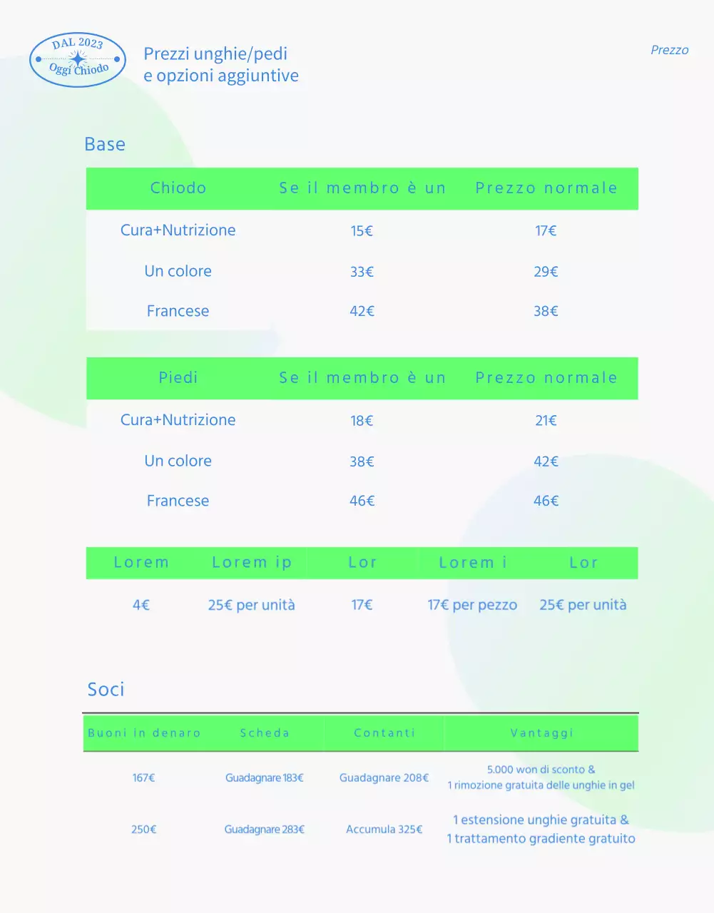 Tema promozionale per un salone per unghie con foto di unghie ordinate in chartreuse e blu