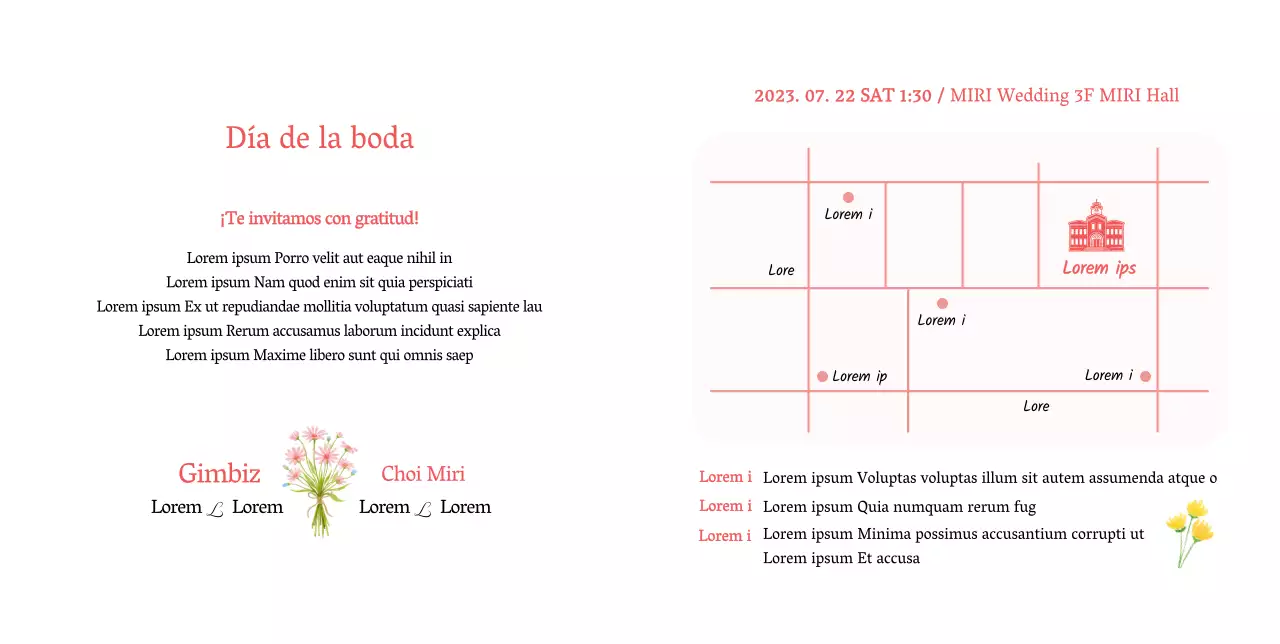 Invitación de boda sencilla con flores rosas sobre fondo blanco