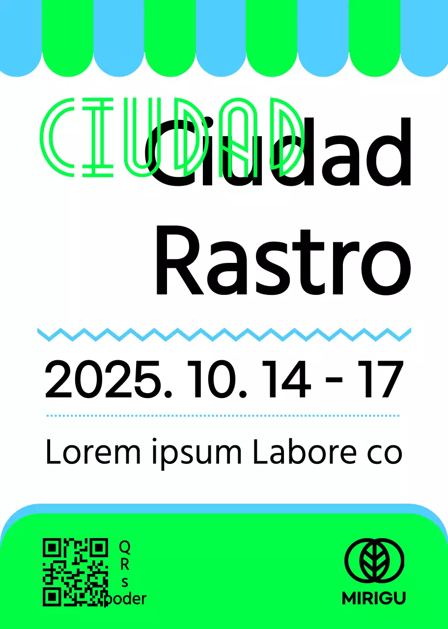 Cartel promocional con un anuncio de mercadillo verde cielo negro y varias ilustraciones de formas.