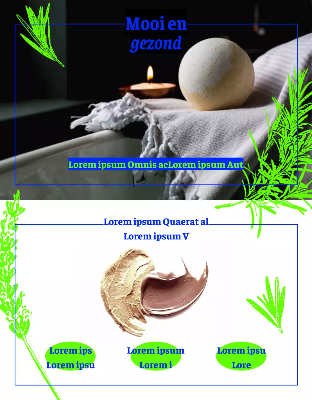 Voornatuurlijk bubbelbad met kruidenlijntekening in neongroen en blauw