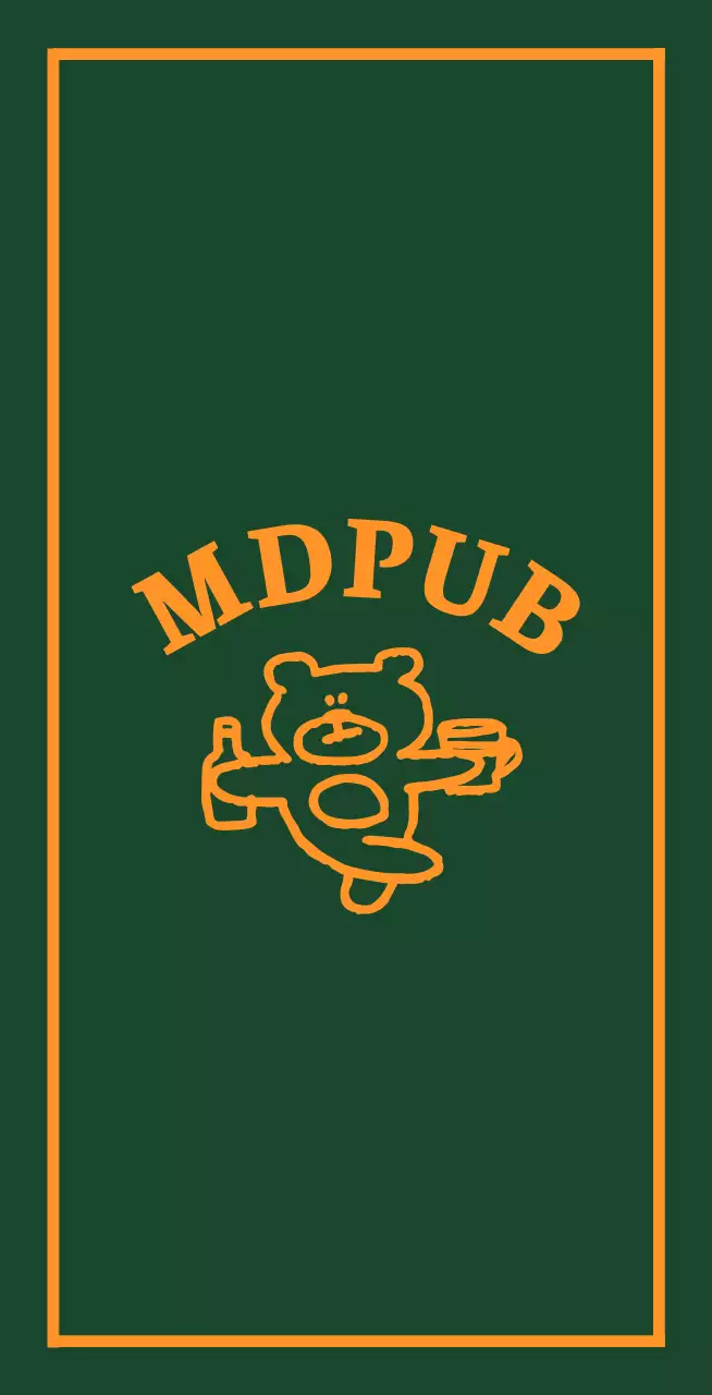 Banderín de pub verde con borde amarillo y un osito de peluche con una botella de licor en la mano