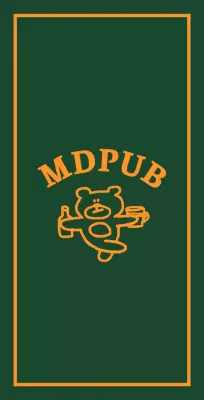 Banderín de pub verde con borde amarillo y un osito de peluche con una botella de licor en la mano