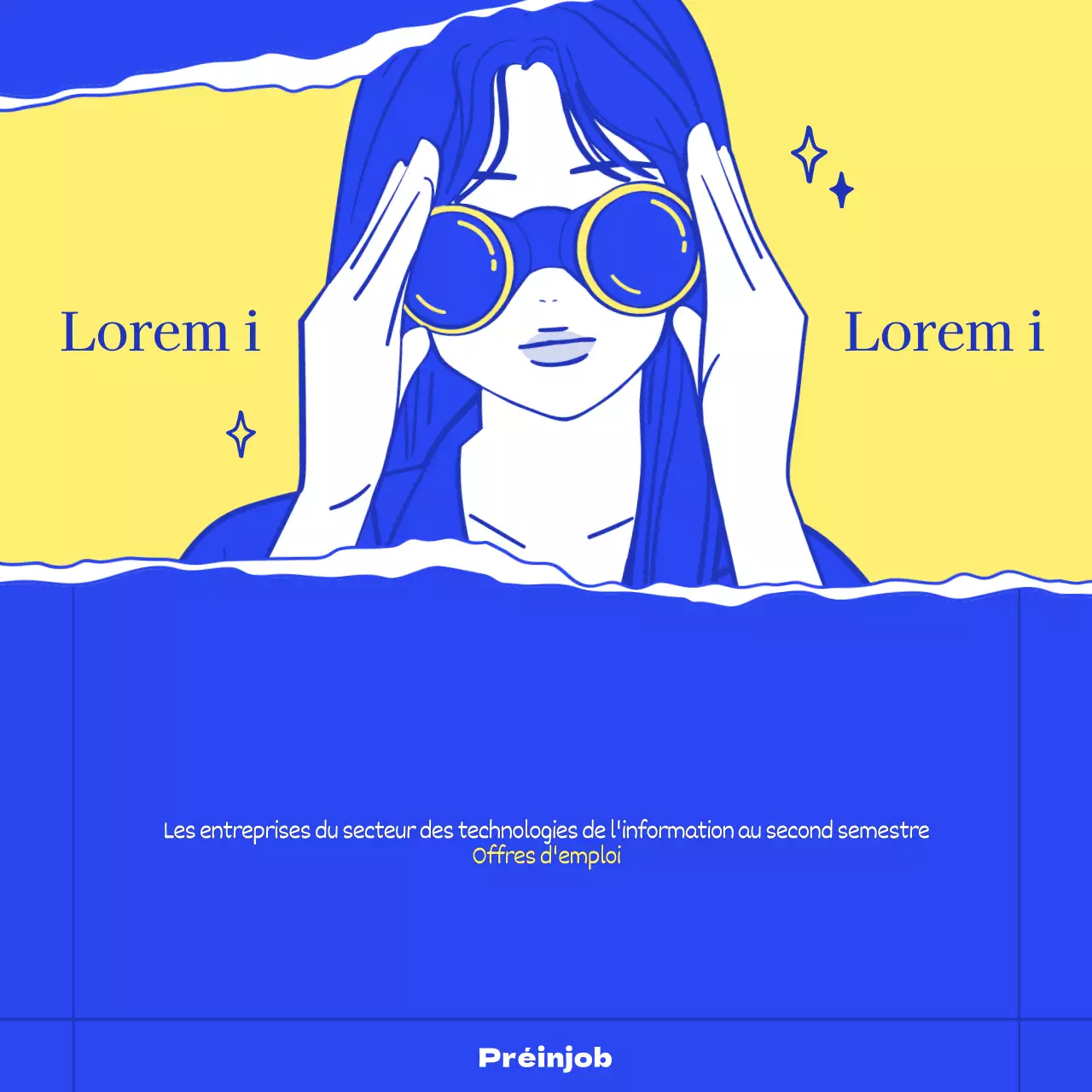 Offres d'emploi pour les entreprises avec des illustrations élégantes et à la mode en bleu et jaune.