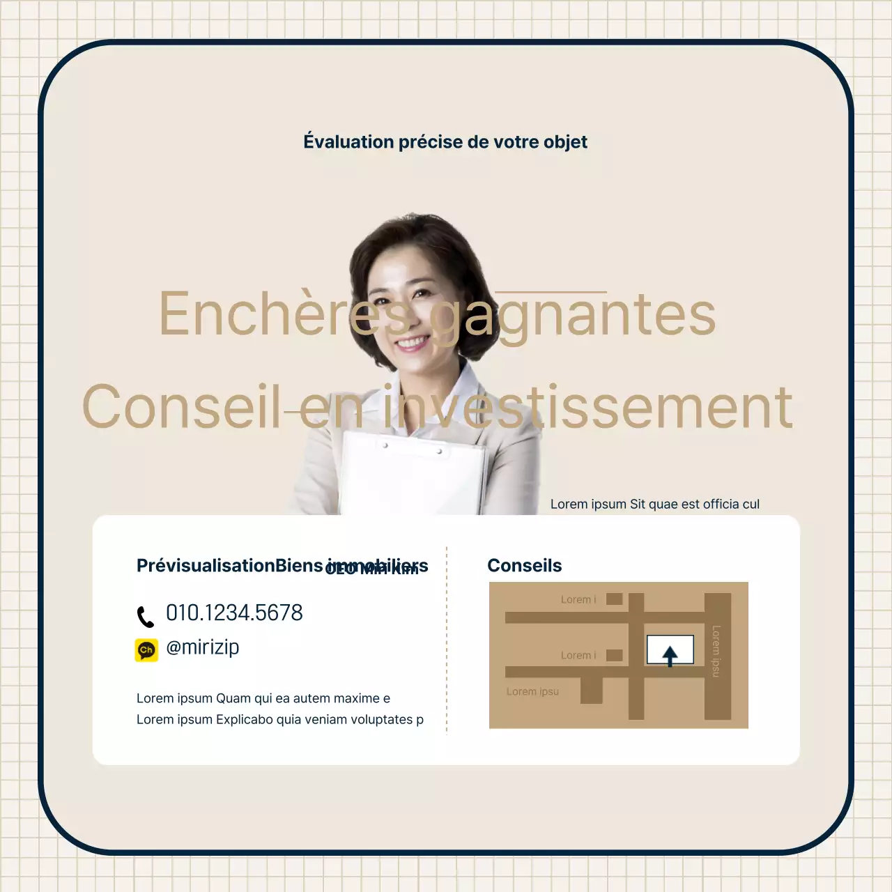 Thème de la vente aux enchères de biens immobiliers avec des illustrations et des combinaisons de cadres propres et de couleur beige